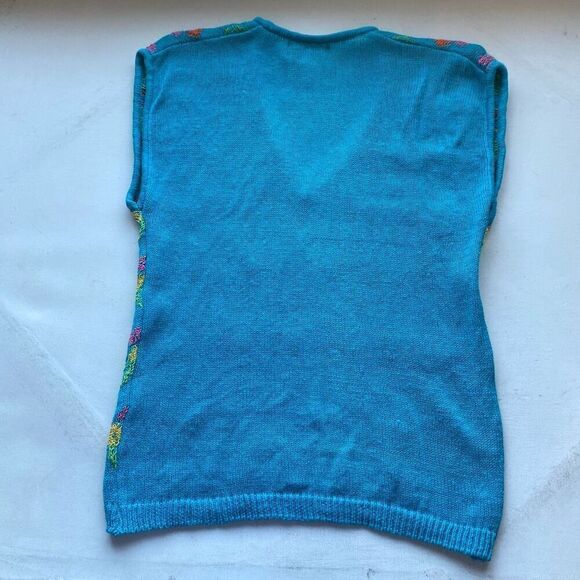 Rare Vintage 80s Collage Women’s M Blue Knit Sweater Vest Floral Pattern retro - Picture 5 of 6